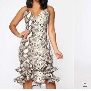 Fashion Nova Snakeskin Ruffle Midi Dress